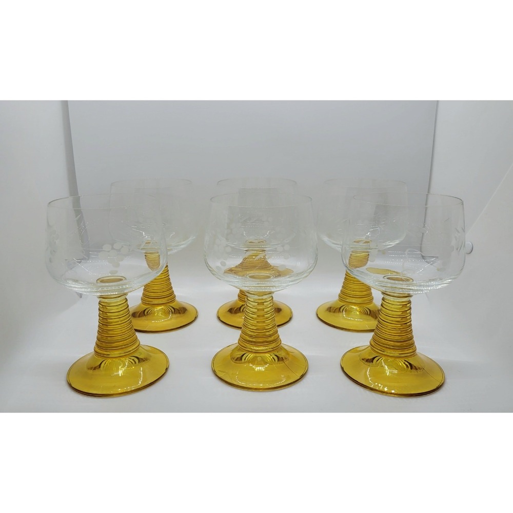 Vintage Roemer Wine Glasses Set of‎ 6 Etched Grape Amber Beehive Stem 4.5"